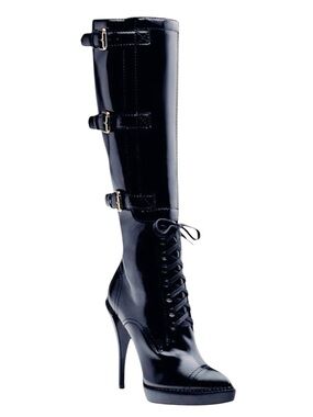 GUCCI Black Leather Riddle Knee High Lace-Up Platform Buckle Bondage Boot